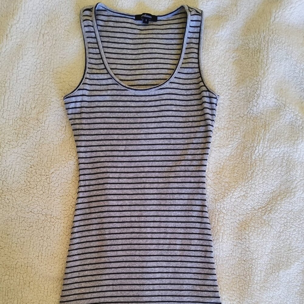 Striped Ribbed Tank Dress Grey Black Bodycon Scoop Neck EUC